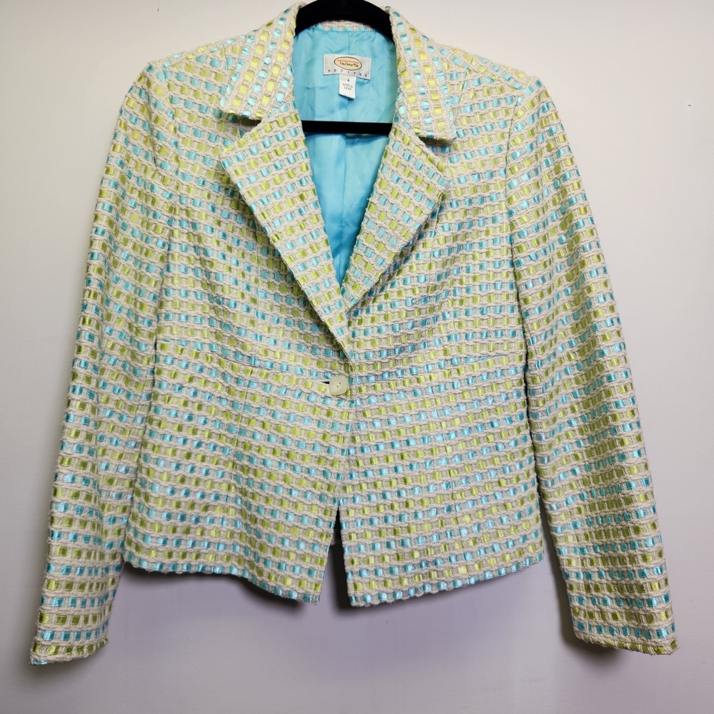 Talbots Silk Ribbon Tweed Plaid Jacket Blazer Sz 4P Textured Woven Ribbon Lined‎